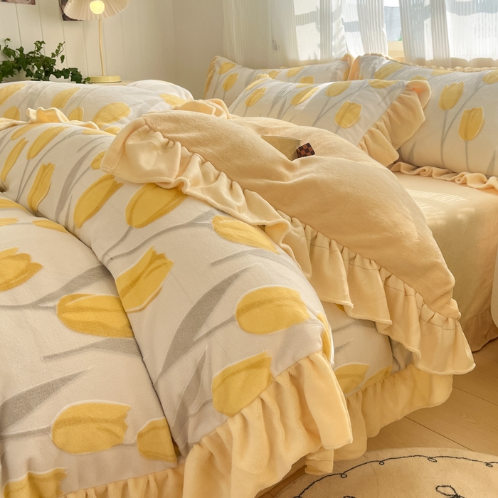 91家纺网 家纺一手货源 找家纺 爱家（原缔乐家纺） 2025新款牛奶雕花绒四件套-香香公主 香香公主-奶油黄