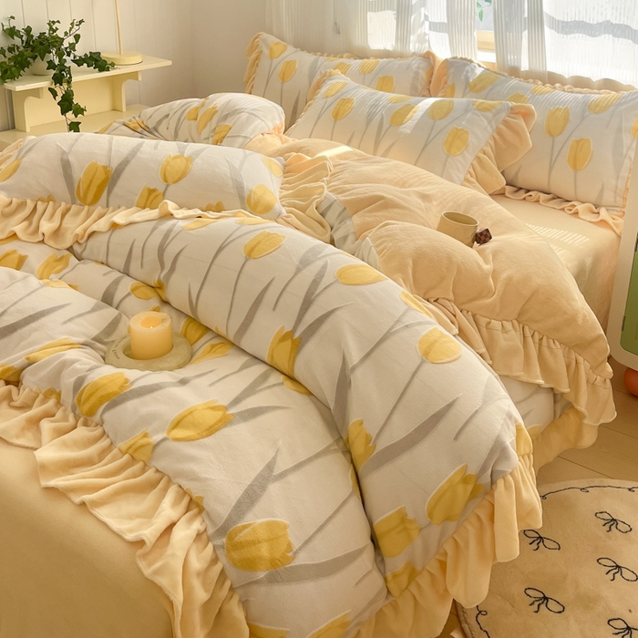 91家纺网 家纺一手货源 找家纺 爱家（原缔乐家纺） 2025新款牛奶雕花绒四件套-香香公主 香香公主-奶油黄