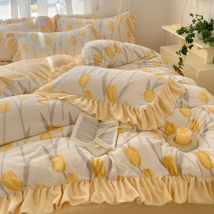 91家纺网 家纺一手货源 找家纺 爱家（原缔乐家纺） 2025新款牛奶雕花绒四件套-香香公主 香香公主-奶油黄