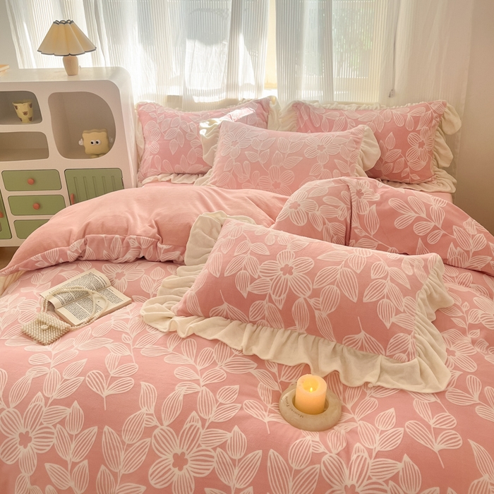 91家纺网 家纺一手货源 找家纺 爱家（原缔乐家纺） 2025新款牛奶雕花绒四件套-如梦 如梦-公主粉