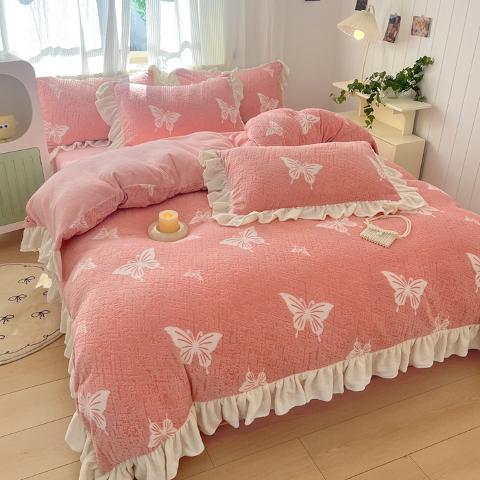 91家纺网 家纺一手货源 找家纺 爱家（原缔乐家纺） 2025新款牛奶雕花绒四件套-如梦 蝴蝶结-公主粉