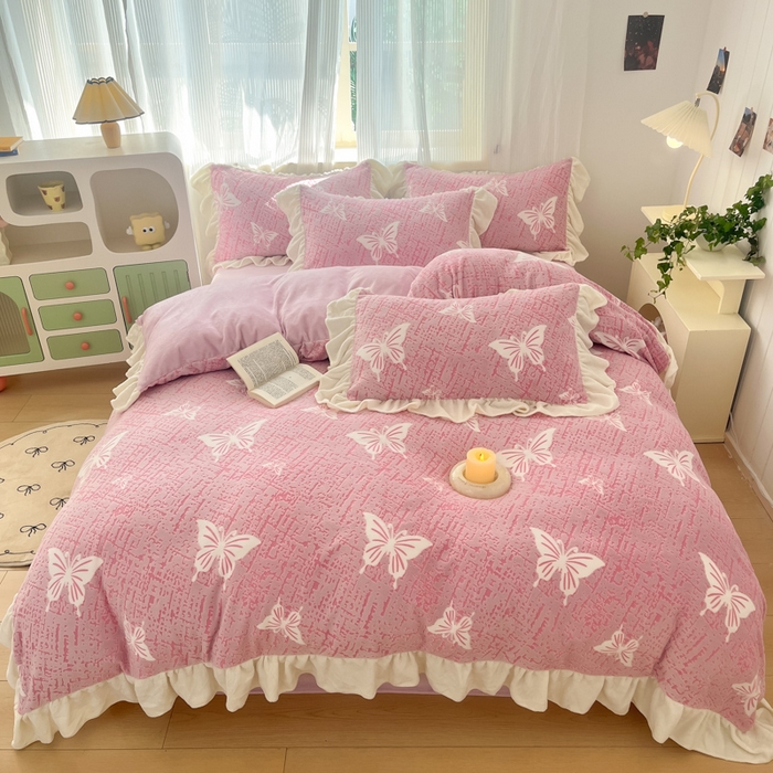 爱家（原缔乐家纺） 2025新款牛奶雕花绒四件套-如梦 蝴蝶结-梦幻紫