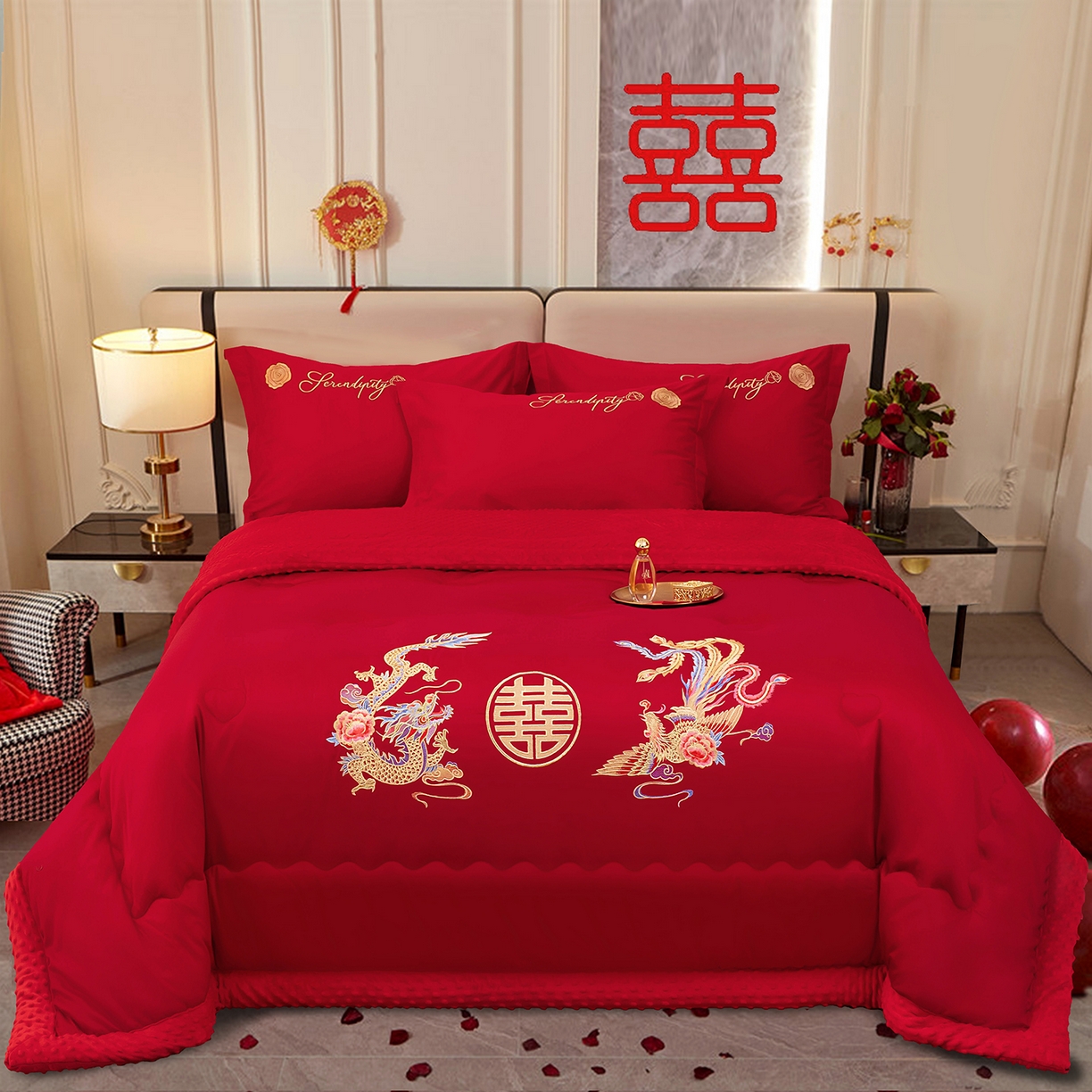 91家纺网 家纺一手货源 找家纺 卓缦家纺 2025新款全棉纯棉豆豆婚庆被 被子被芯 龙凤和美