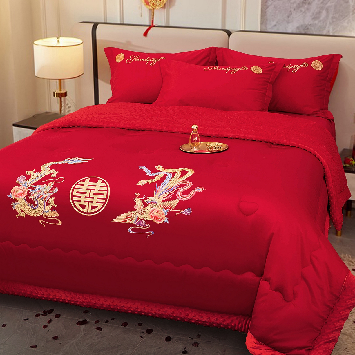 91家纺网 家纺一手货源 找家纺 卓缦家纺 2025新款全棉纯棉豆豆婚庆被 被子被芯 龙凤和美