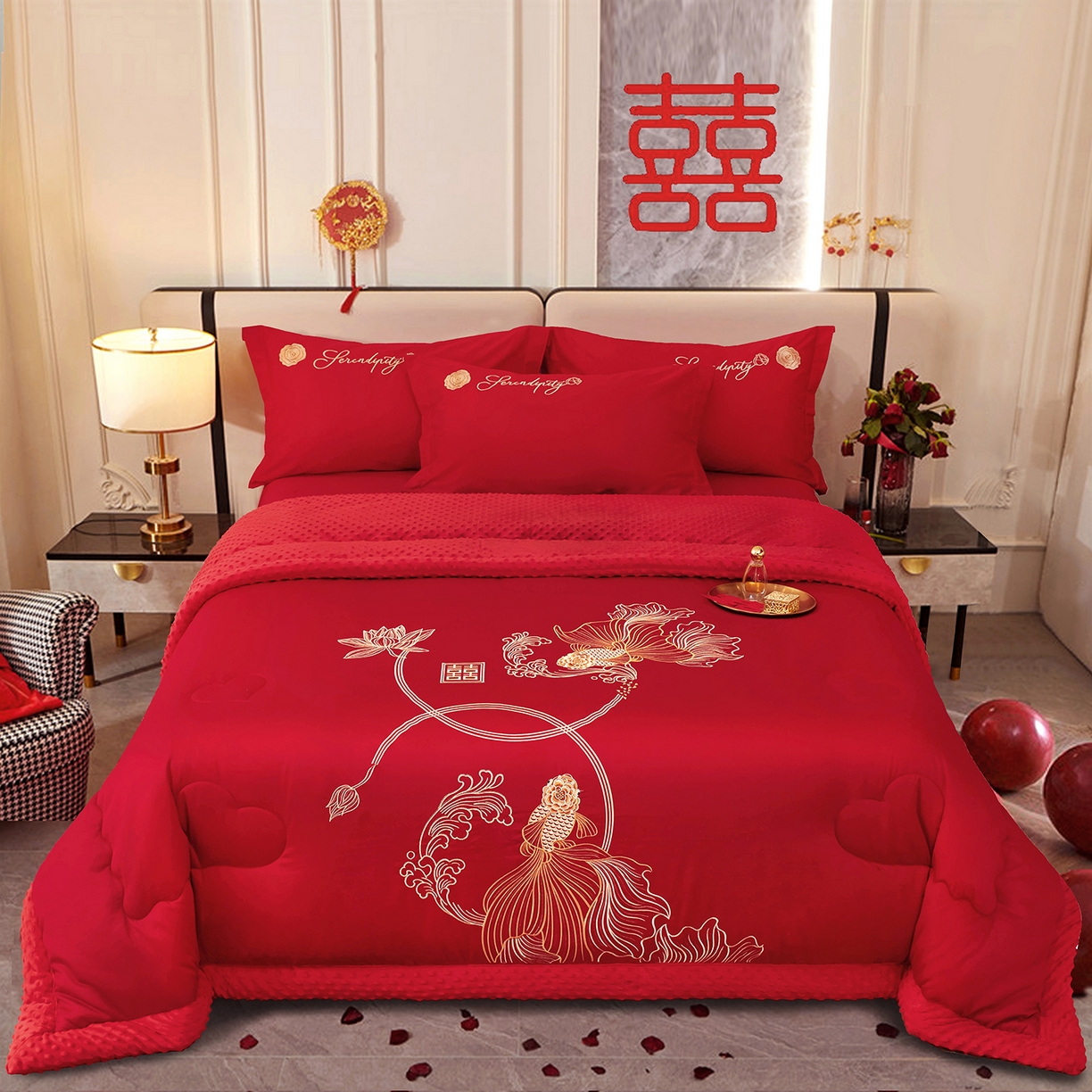 91家纺网 家纺一手货源 找家纺 卓缦家纺 2025新款全棉纯棉豆豆婚庆被 被子被芯 锦鲤喜愿