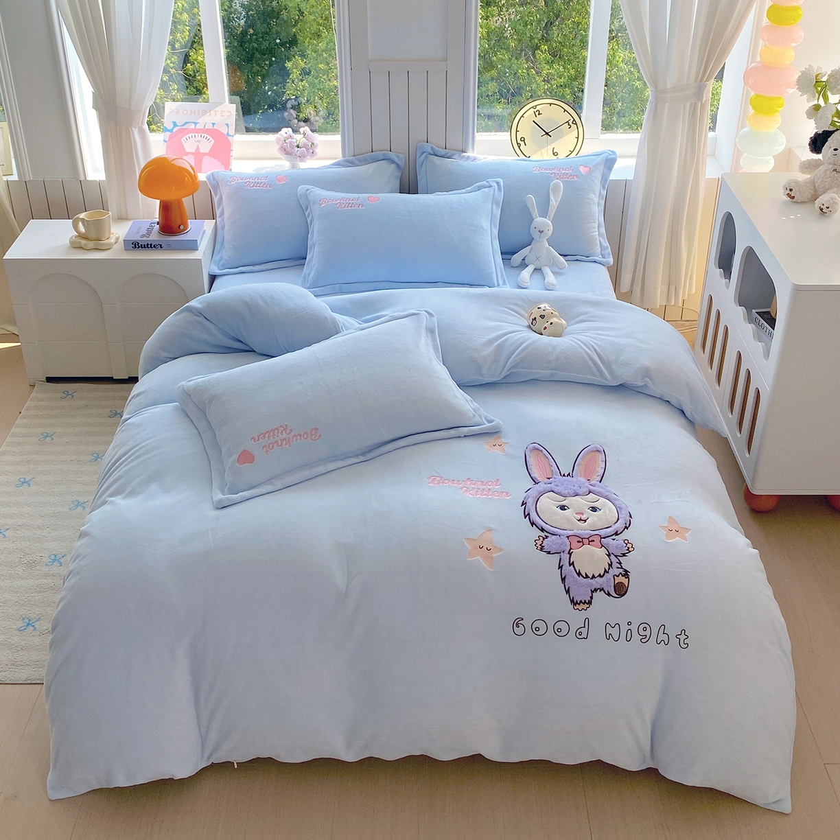 悦织湾家纺 牛奶绒四件套纯色贴布绣床单款床盖款床上用品四件套时尚小兔2025新款加厚 床单款时尚小兔-蓝