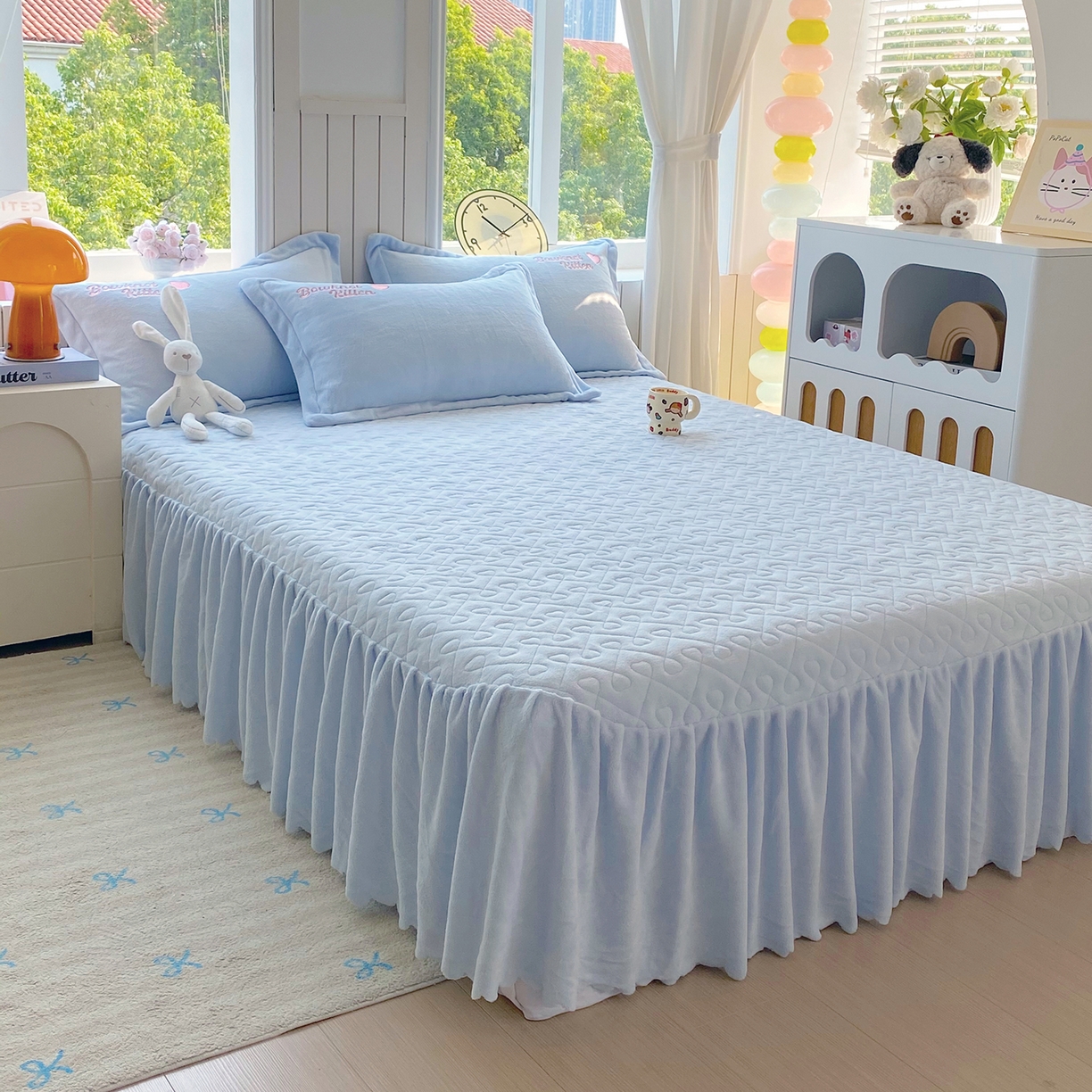 91家纺网 家纺一手货源 找家纺 悦织湾家纺 牛奶绒四件套纯色贴布绣床单款床盖款床上用品四件套时尚小兔2025新款加厚 床盖款-时尚小兔-蓝