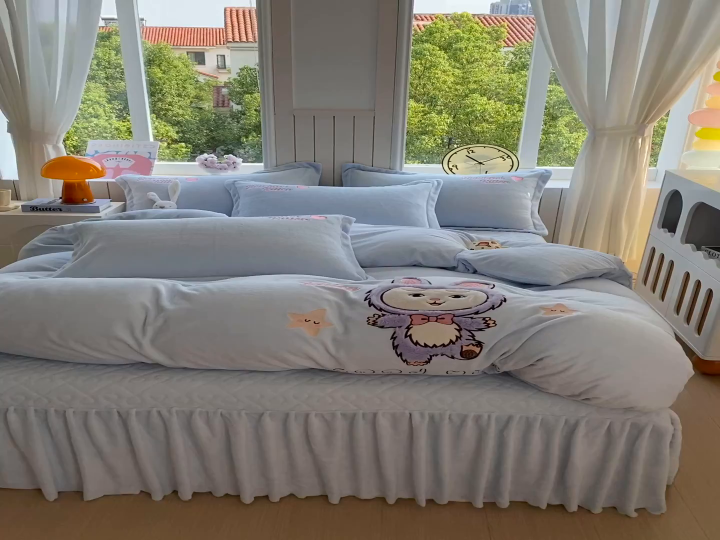 91家纺网 家纺一手货源 找家纺 悦织湾家纺 牛奶绒四件套纯色贴布绣床单款床盖款床上用品四件套时尚小兔2025新款加厚 床盖款-时尚小兔-蓝