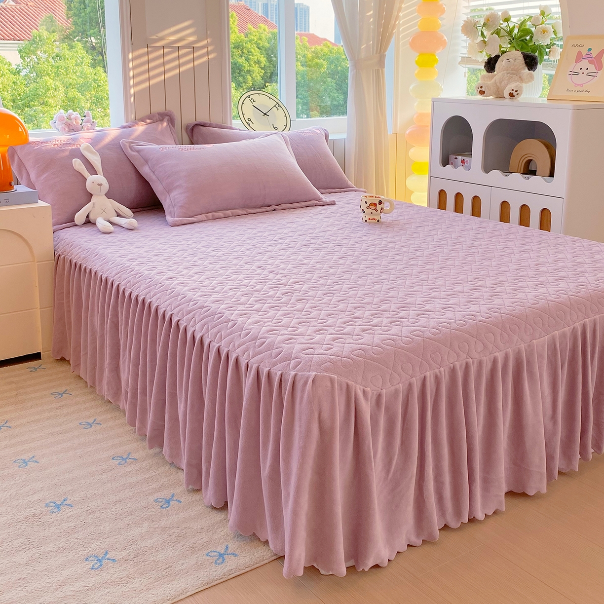 91家纺网 家纺一手货源 找家纺 悦织湾家纺 牛奶绒四件套纯色贴布绣床单款床盖款床上用品四件套时尚小兔2025新款加厚 床盖款-时尚小兔-紫