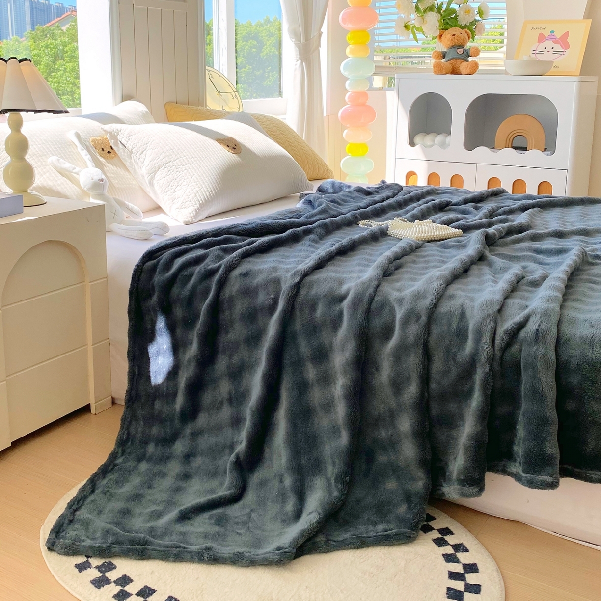 91家纺网 家纺一手货源 找家纺 （总）悦织湾家纺 2025新款双面加厚泡泡绒毛毯印花纯色仿兔毛绒牛奶绒毯子休闲小盖毯沙发办公室午睡毯