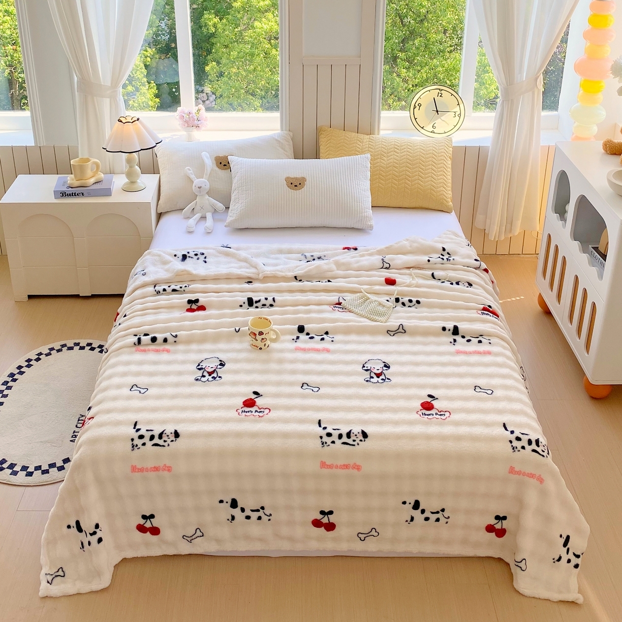 91家纺网 家纺一手货源 找家纺 悦织湾家纺 2025新款双面加厚泡泡绒毛毯印花纯色仿兔毛绒牛奶绒毯子休闲小盖毯沙发办公室午睡毯 波点萌狗