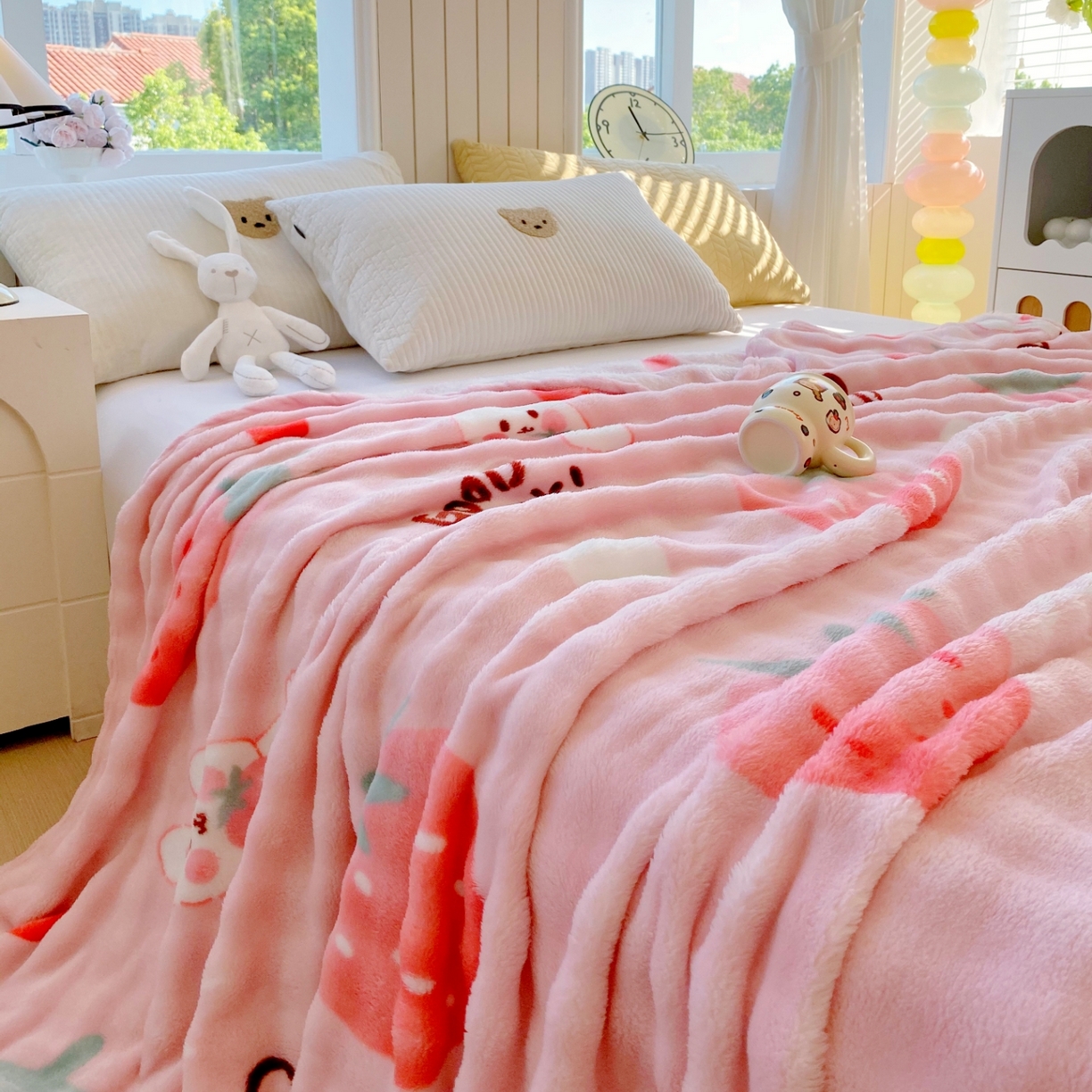 91家纺网 家纺一手货源 找家纺 悦织湾家纺 2025新款双面加厚泡泡绒毛毯印花纯色仿兔毛绒牛奶绒毯子休闲小盖毯沙发办公室午睡毯 草莓兔