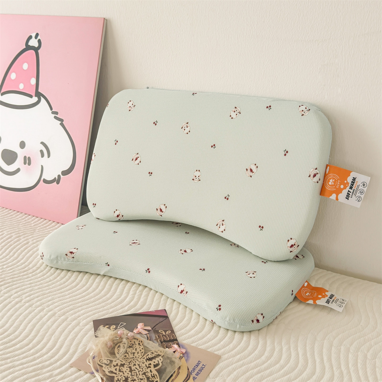 91家纺网 家纺一手货源 找家纺 麦肯锡 2025新款可爱碎花婴童记忆枕  枕头枕芯 咩咩樱桃/对