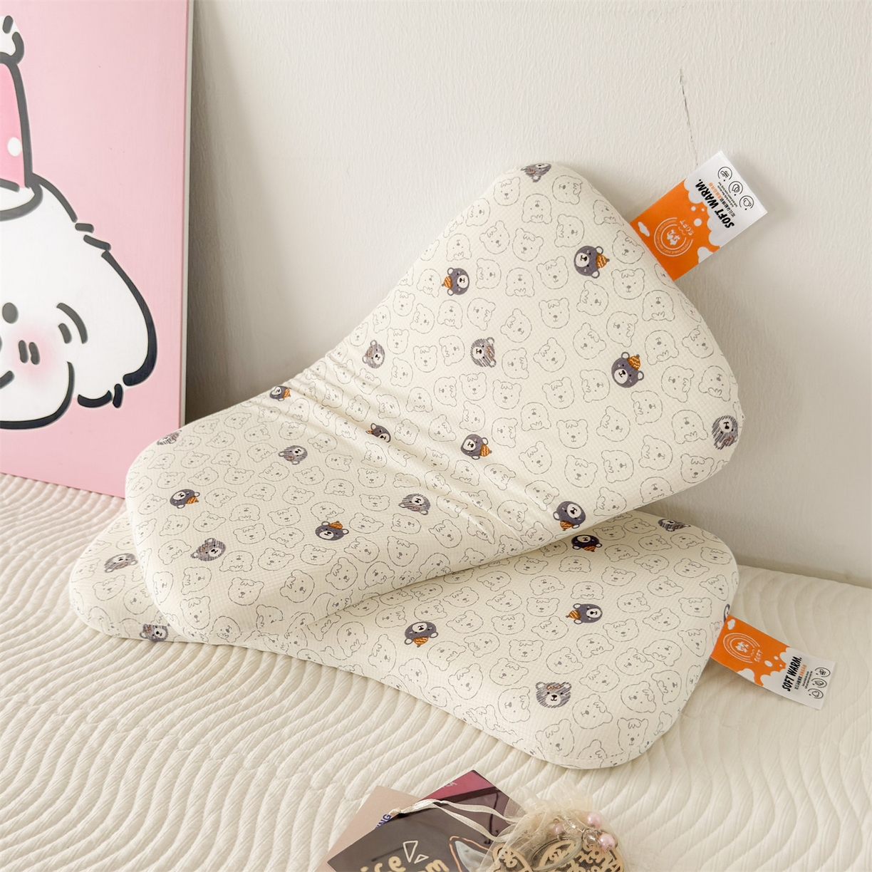 91家纺网 家纺一手货源 找家纺 麦肯锡 2025新款可爱碎花婴童记忆枕  枕头枕芯 甜梦小熊/对