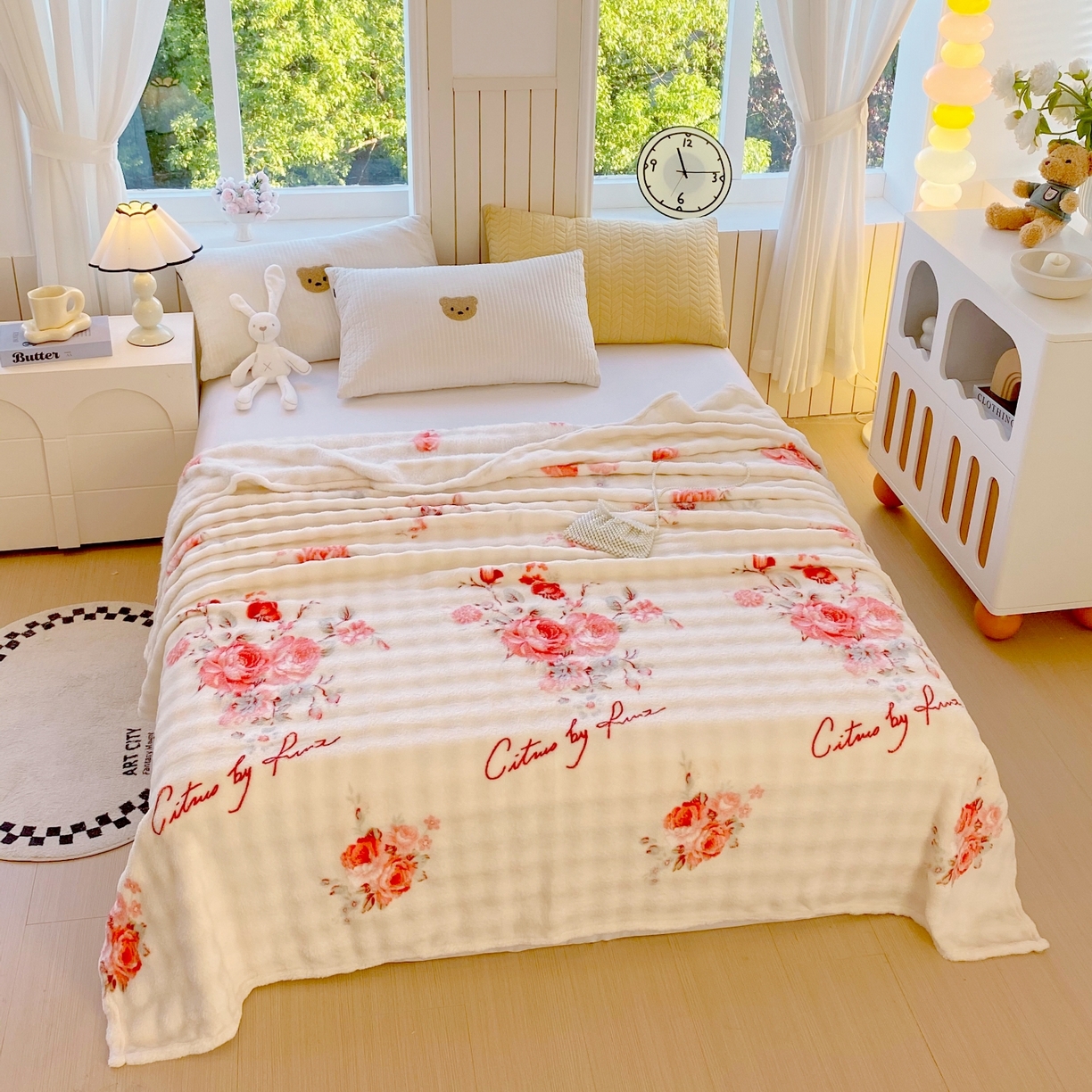 91家纺网 家纺一手货源 找家纺 悦织湾家纺 2025新款双面加厚泡泡绒毛毯印花纯色仿兔毛绒牛奶绒毯子休闲小盖毯沙发办公室午睡毯 国色天香