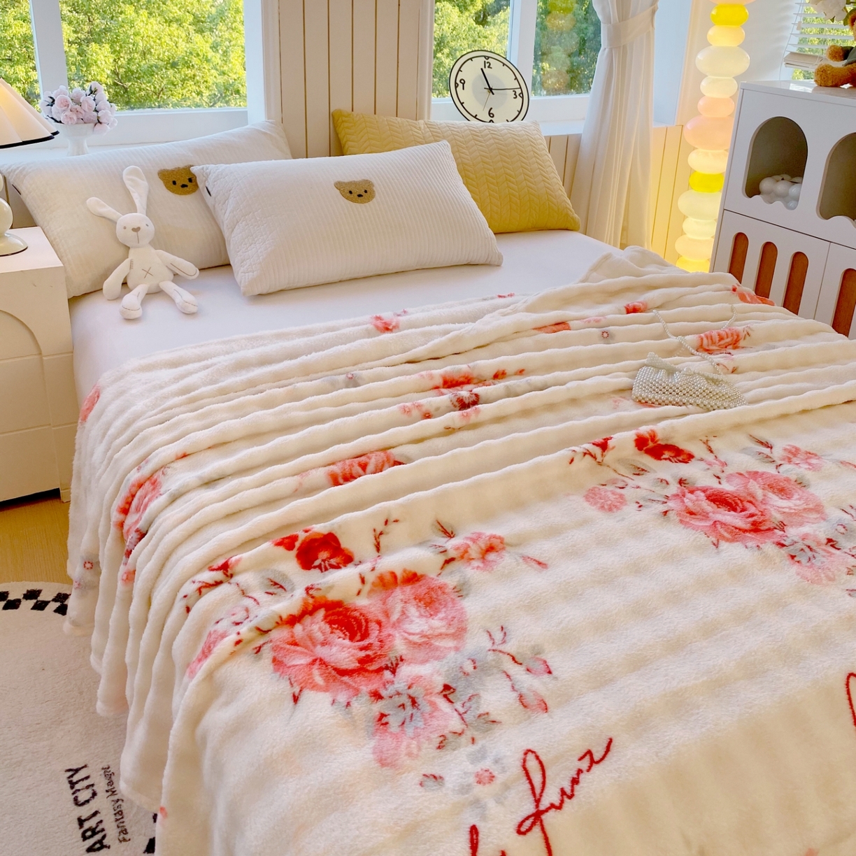 91家纺网 家纺一手货源 找家纺 悦织湾家纺 2025新款双面加厚泡泡绒毛毯印花纯色仿兔毛绒牛奶绒毯子休闲小盖毯沙发办公室午睡毯 国色天香