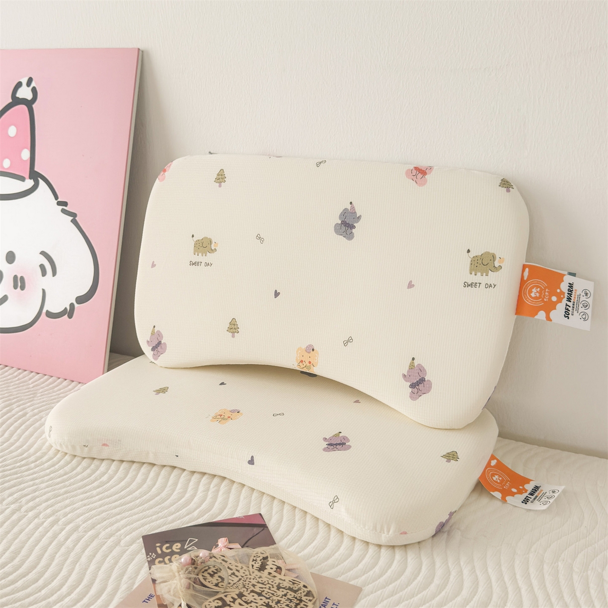 91家纺网 家纺一手货源 找家纺 麦肯锡 2025新款可爱碎花婴童记忆枕  枕头枕芯 小象乐园/只