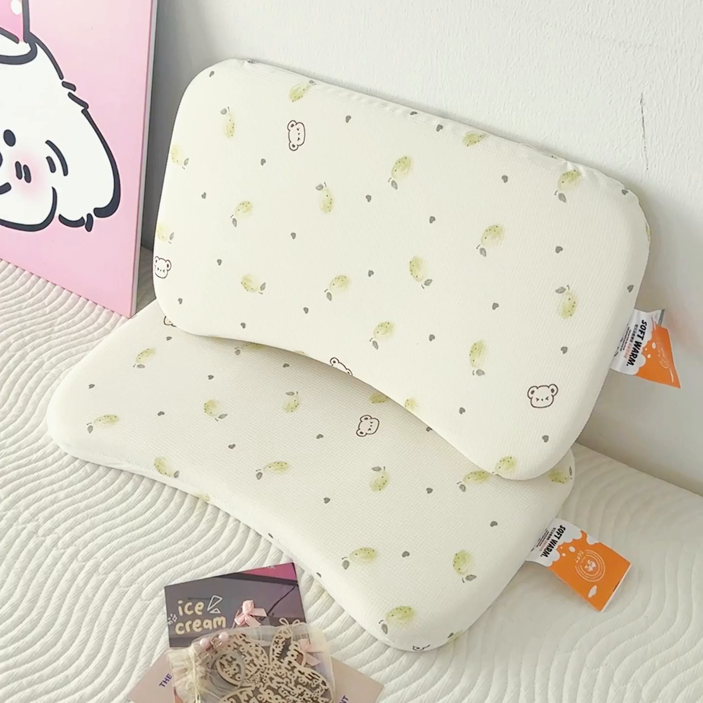 91家纺网 家纺一手货源 找家纺 麦肯锡 2025新款可爱碎花婴童记忆枕  枕头枕芯 梦熊乖乖/对