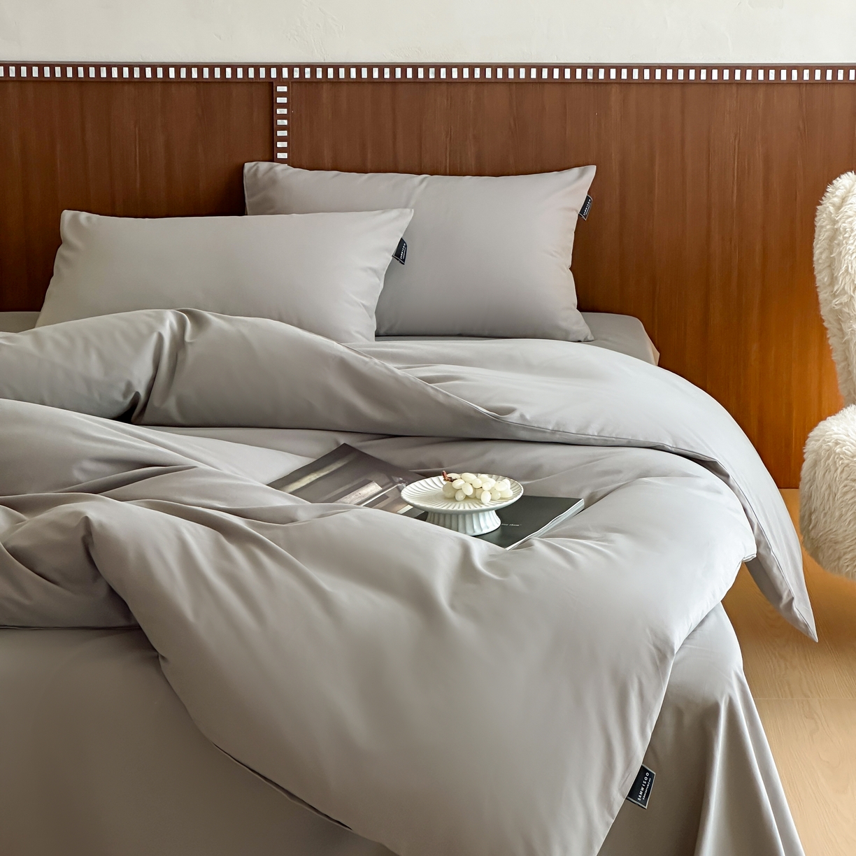 三味舒屋 2025新款50支磨毛长绒棉纯棉纯色四件套-长期主义 拉丝灰