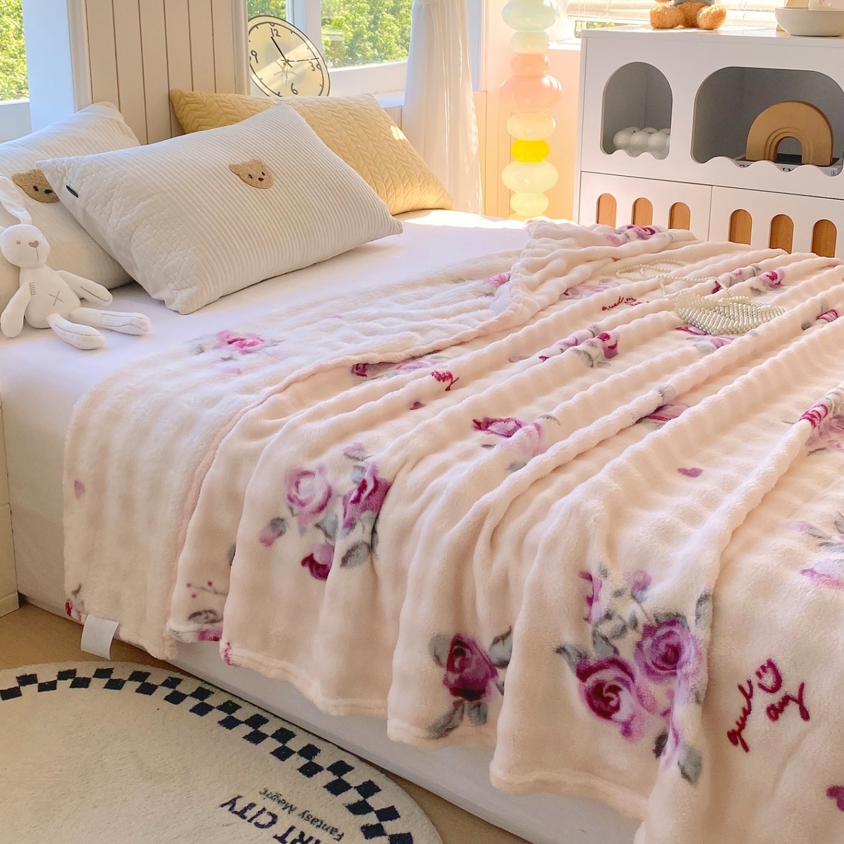 91家纺网 家纺一手货源 找家纺 悦织湾家纺 2025新款双面加厚泡泡绒毛毯印花纯色仿兔毛绒牛奶绒毯子休闲小盖毯沙发办公室午睡毯 玫瑰情缘