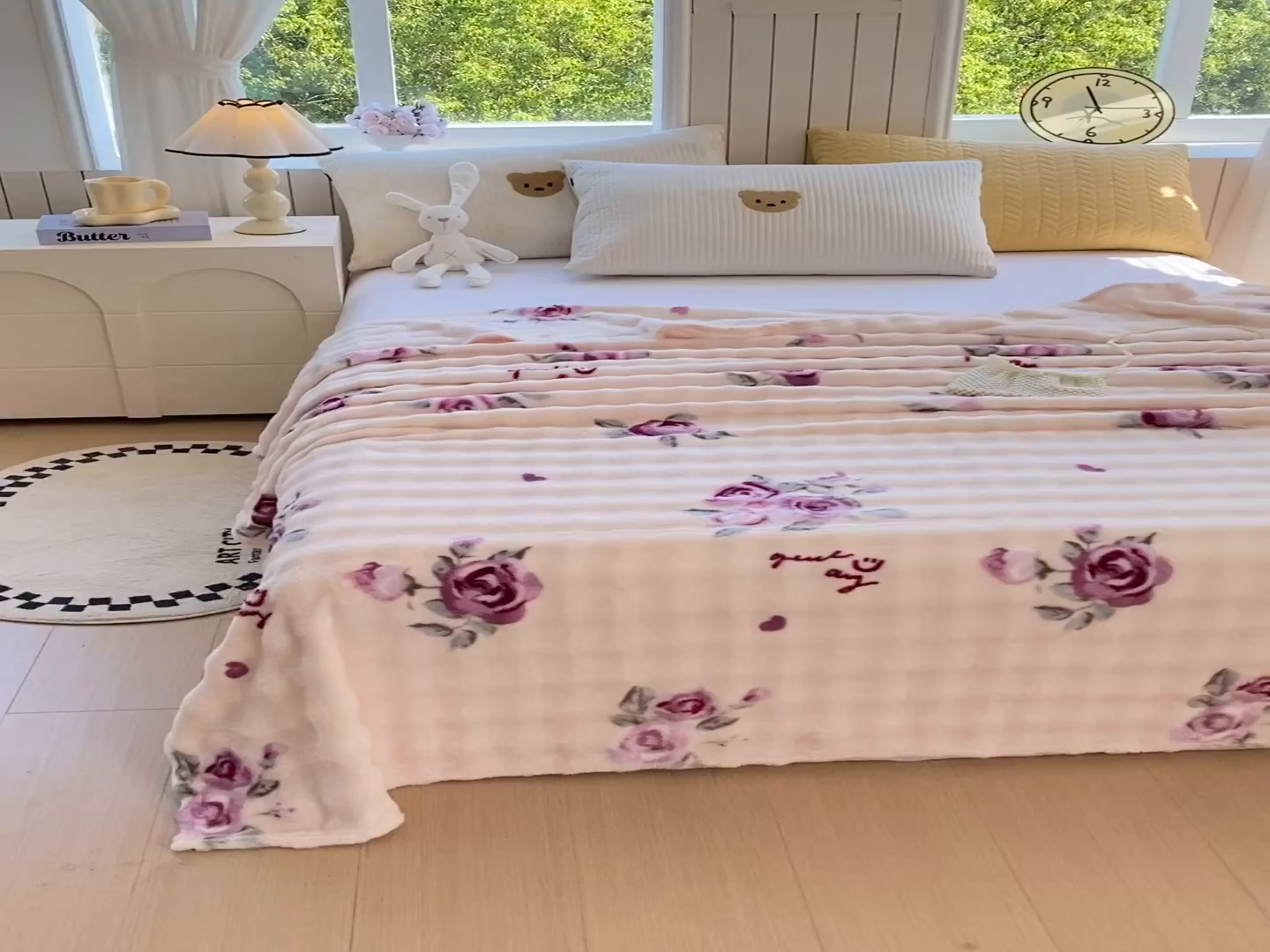 91家纺网 家纺一手货源 找家纺 悦织湾家纺 2025新款双面加厚泡泡绒毛毯印花纯色仿兔毛绒牛奶绒毯子休闲小盖毯沙发办公室午睡毯 玫瑰情缘