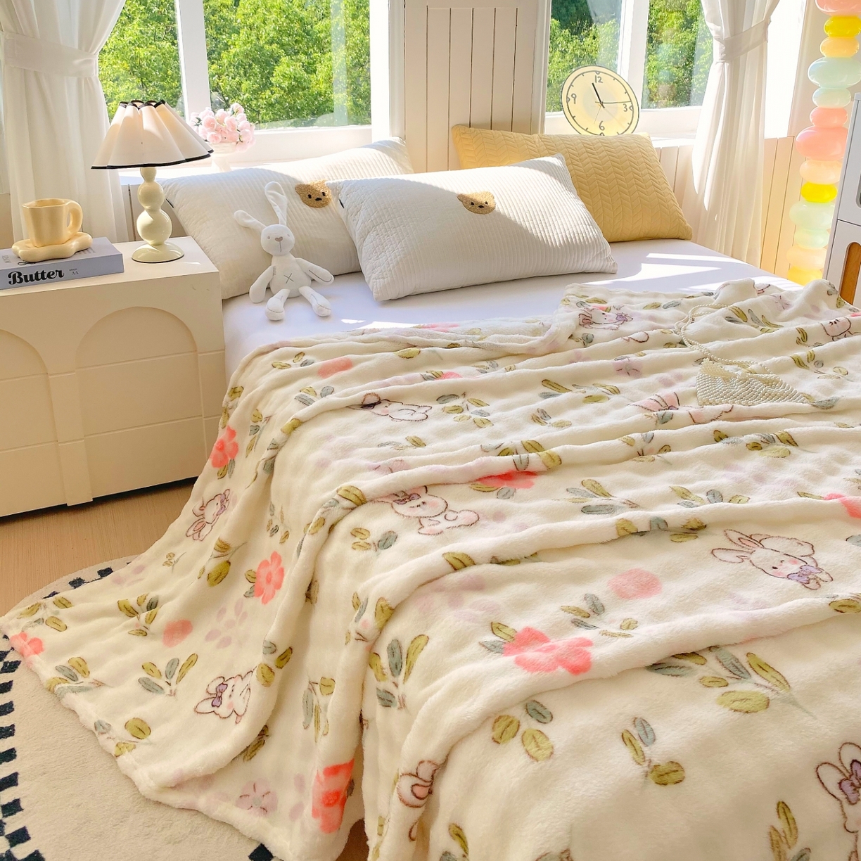 91家纺网 家纺一手货源 找家纺 悦织湾家纺 2025新款双面加厚泡泡绒毛毯印花纯色仿兔毛绒牛奶绒毯子休闲小盖毯沙发办公室午睡毯 青青小兔