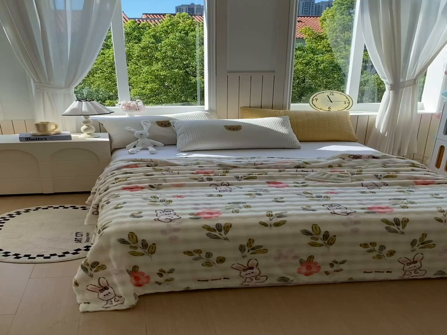 91家纺网 家纺一手货源 找家纺 悦织湾家纺 2025新款双面加厚泡泡绒毛毯印花纯色仿兔毛绒牛奶绒毯子休闲小盖毯沙发办公室午睡毯 青青小兔