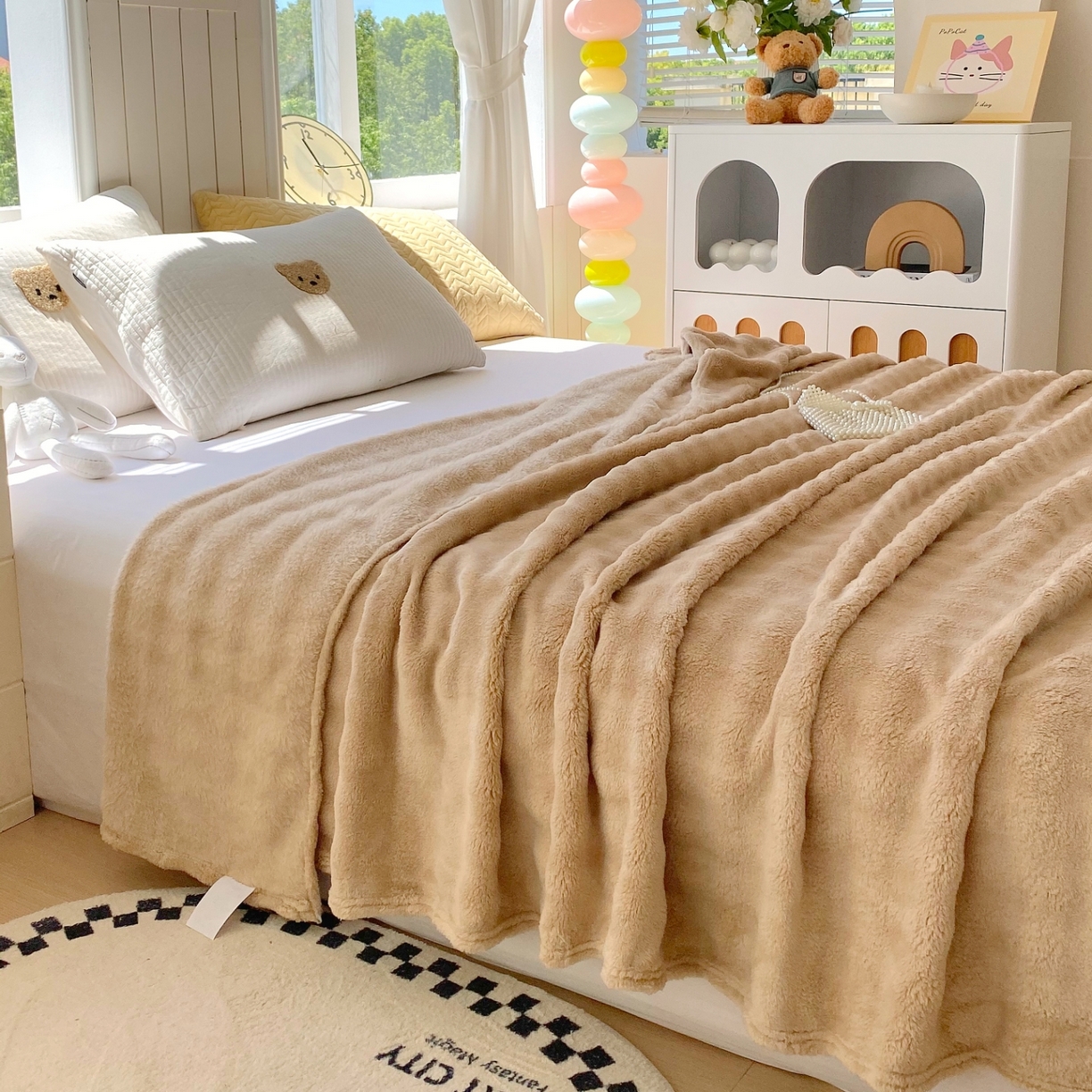 91家纺网 家纺一手货源 找家纺 悦织湾家纺 2025新款双面加厚泡泡绒毛毯印花纯色仿兔毛绒牛奶绒毯子休闲小盖毯沙发办公室午睡毯 香槟色