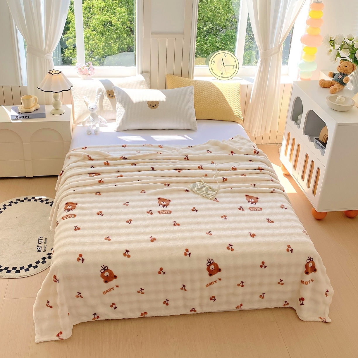 91家纺网 家纺一手货源 找家纺 悦织湾家纺 2025新款双面加厚泡泡绒毛毯印花纯色仿兔毛绒牛奶绒毯子休闲小盖毯沙发办公室午睡毯 樱桃小熊