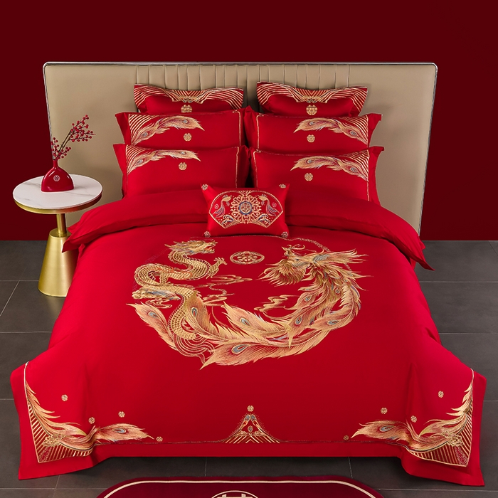 91家纺网 家纺一手货源 找家纺 董成龙家纺 2025新款全棉中式精美绣花工艺婚庆系列四件套多件套 龙凤呈祥