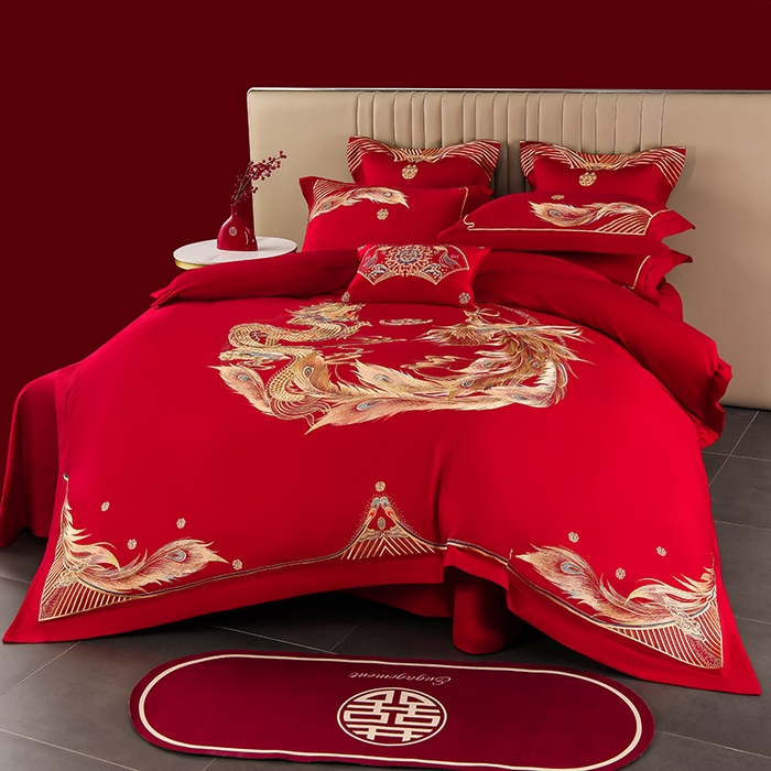 91家纺网 家纺一手货源 找家纺 董成龙家纺 2025新款全棉中式精美绣花工艺婚庆系列四件套多件套 龙凤呈祥