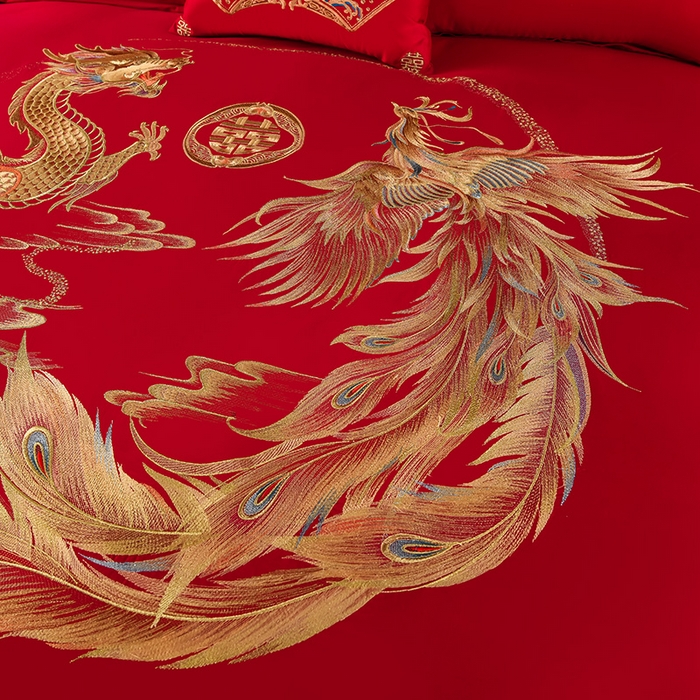 91家纺网 家纺一手货源 找家纺 董成龙家纺 2025新款全棉中式精美绣花工艺婚庆系列四件套多件套 龙凤呈祥