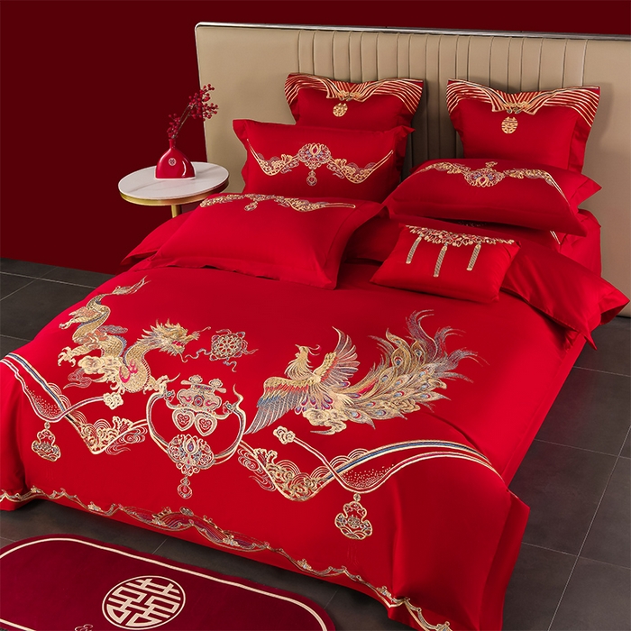 91家纺网 家纺一手货源 找家纺 董成龙家纺 2025新款全棉中式精美绣花工艺婚庆系列四件套多件套 喜结良缘