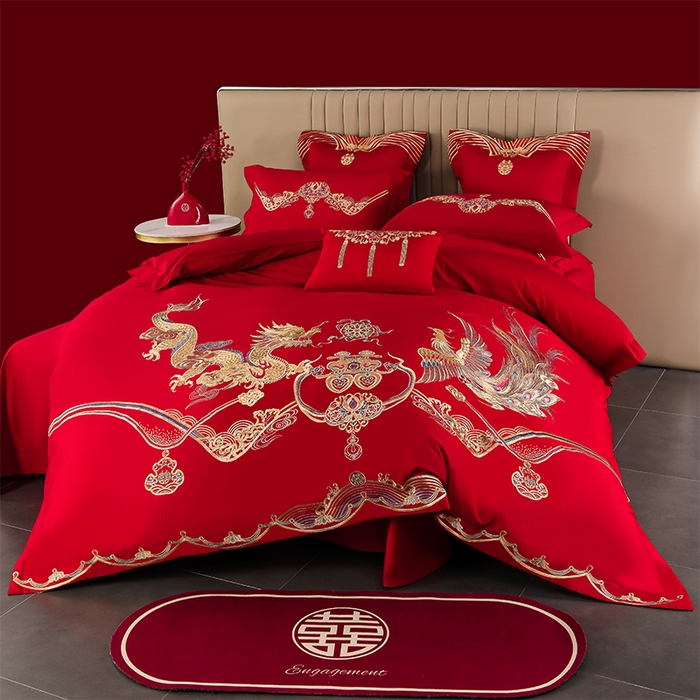 91家纺网 家纺一手货源 找家纺 董成龙家纺 2025新款全棉中式精美绣花工艺婚庆系列四件套多件套 喜结良缘