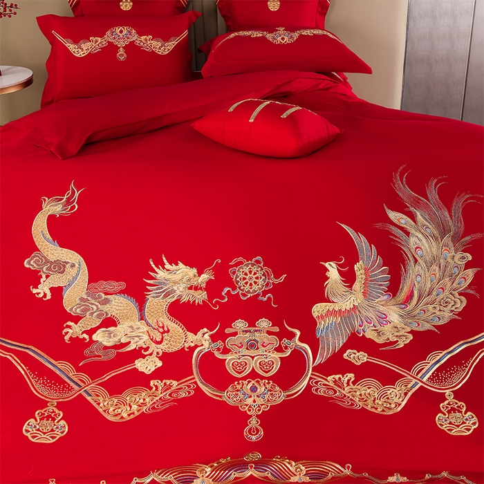 91家纺网 家纺一手货源 找家纺 董成龙家纺 2025新款全棉中式精美绣花工艺婚庆系列四件套多件套 喜结良缘