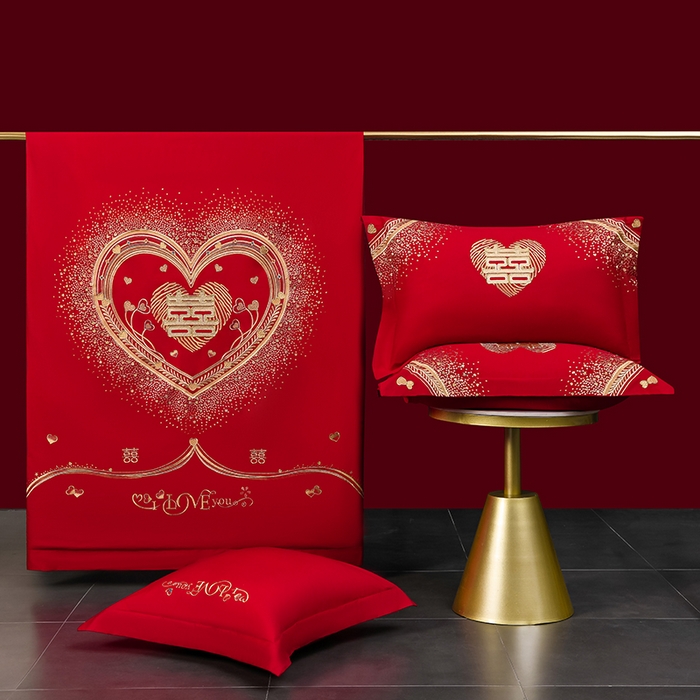 91家纺网 家纺一手货源 找家纺 董成龙家纺 2025新款全棉中式精美绣花工艺婚庆系列四件套多件套 心心相印