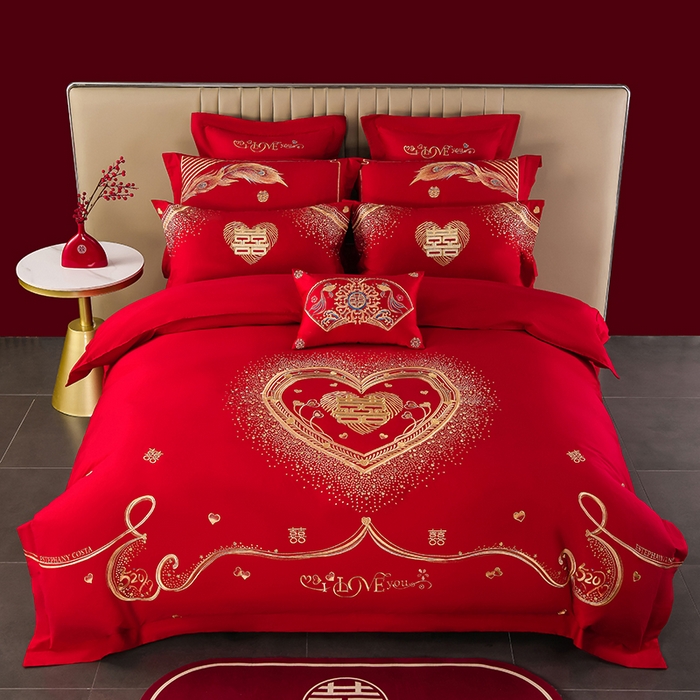 91家纺网 家纺一手货源 找家纺 董成龙家纺 2025新款全棉中式精美绣花工艺婚庆系列四件套多件套 心心相印