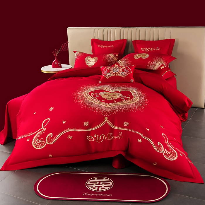 91家纺网 家纺一手货源 找家纺 董成龙家纺 2025新款全棉中式精美绣花工艺婚庆系列四件套多件套 心心相印