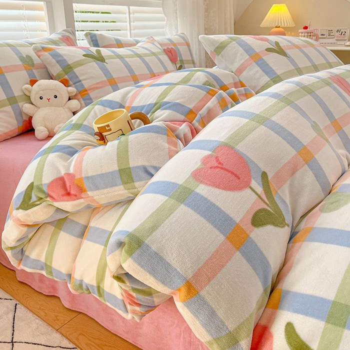 蓝梦 2025新款加厚保暖牛奶绒印花四件套 甜心玫瑰-粉