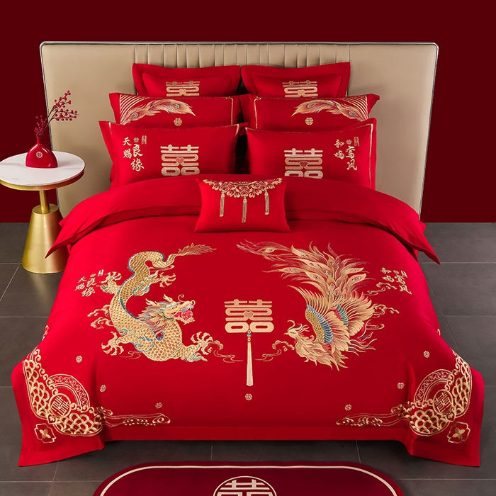 91家纺网 家纺一手货源 找家纺 董成龙家纺 2025新款全棉中式精美绣花工艺婚庆系列四件套多件套 龙凤报喜