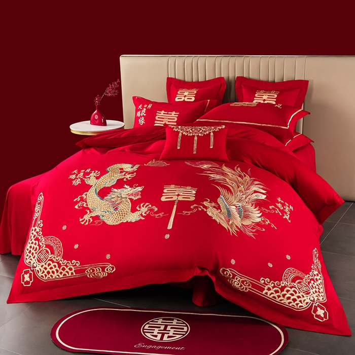 91家纺网 家纺一手货源 找家纺 董成龙家纺 2025新款全棉中式精美绣花工艺婚庆系列四件套多件套 龙凤报喜