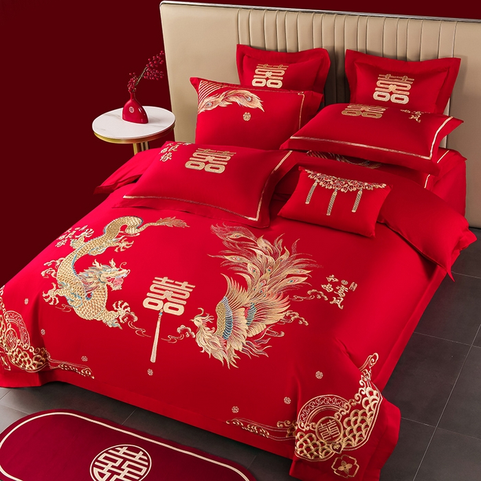 91家纺网 家纺一手货源 找家纺 董成龙家纺 2025新款全棉中式精美绣花工艺婚庆系列四件套多件套 龙凤报喜