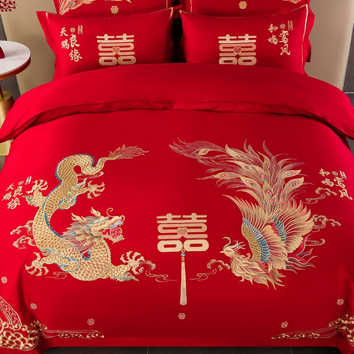 91家纺网 家纺一手货源 找家纺 董成龙家纺 2025新款全棉中式精美绣花工艺婚庆系列四件套多件套 龙凤报喜