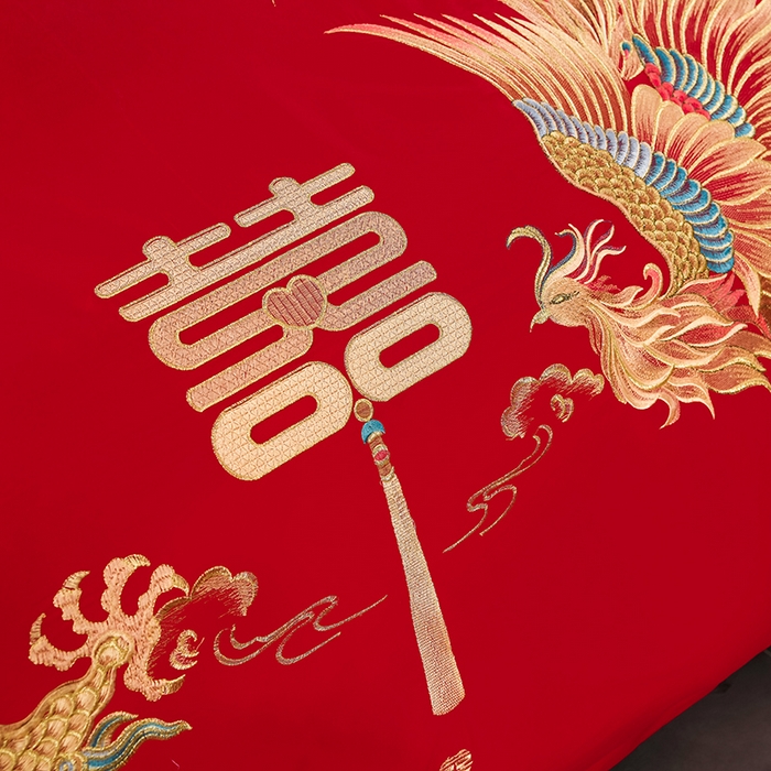 91家纺网 家纺一手货源 找家纺 董成龙家纺 2025新款全棉中式精美绣花工艺婚庆系列四件套多件套 龙凤报喜
