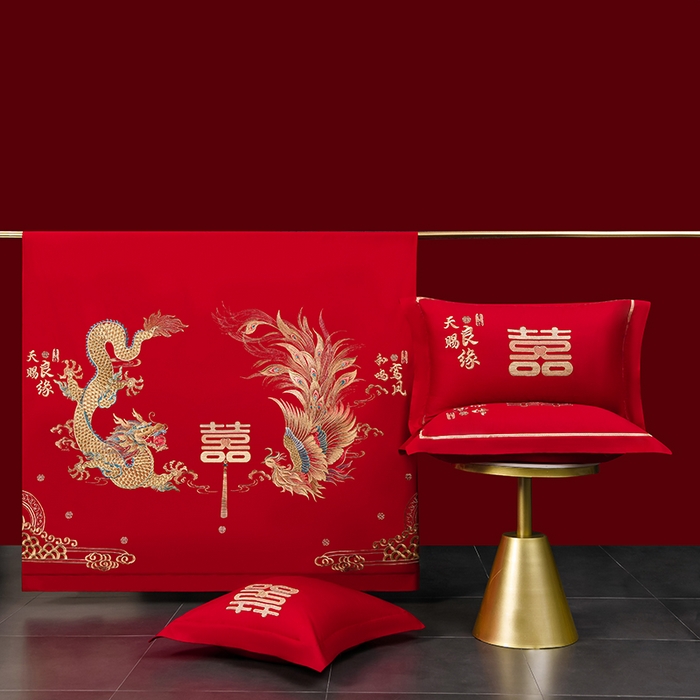 91家纺网 家纺一手货源 找家纺 董成龙家纺 2025新款全棉中式精美绣花工艺婚庆系列四件套多件套 龙凤报喜