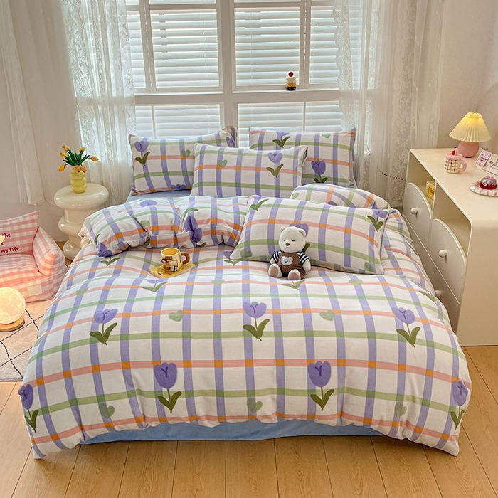 91家纺网 家纺一手货源 找家纺 蓝梦 2025新款加厚保暖牛奶绒印花四件套 甜心玫瑰-紫