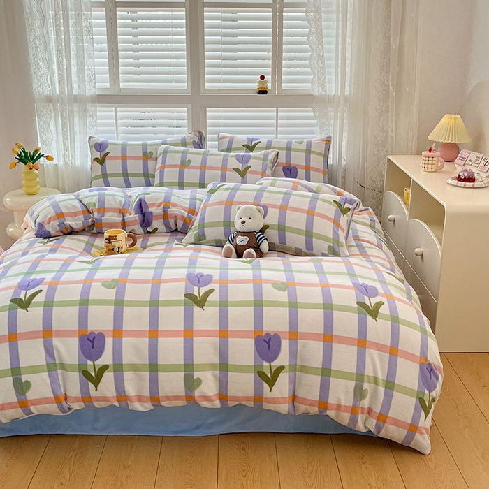 91家纺网 家纺一手货源 找家纺 蓝梦 2025新款加厚保暖牛奶绒印花四件套 甜心玫瑰-紫