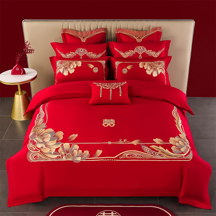 91家纺网 家纺一手货源 找家纺 董成龙家纺 2025新款全棉中式精美绣花工艺婚庆系列四件套多件套 真爱永恒