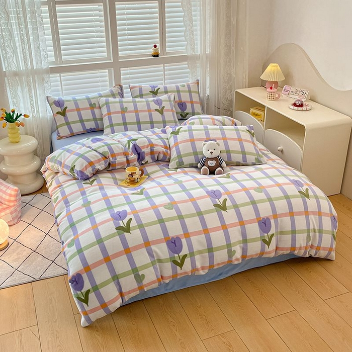 91家纺网 家纺一手货源 找家纺 蓝梦 2025新款加厚保暖牛奶绒印花四件套 甜心玫瑰-紫