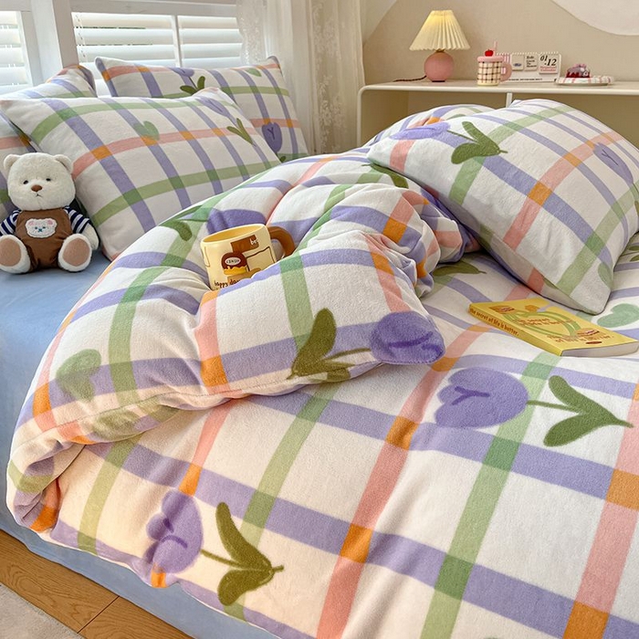 91家纺网 家纺一手货源 找家纺 蓝梦 2025新款加厚保暖牛奶绒印花四件套 甜心玫瑰-紫